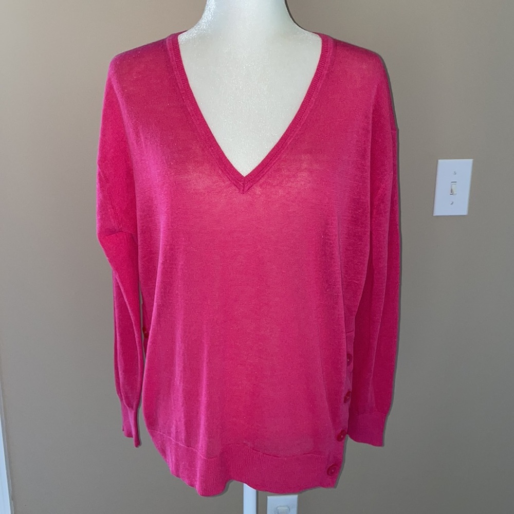 J Crew V-Neck sweater with side buttons in linen blend, Pink, Medium, NWT